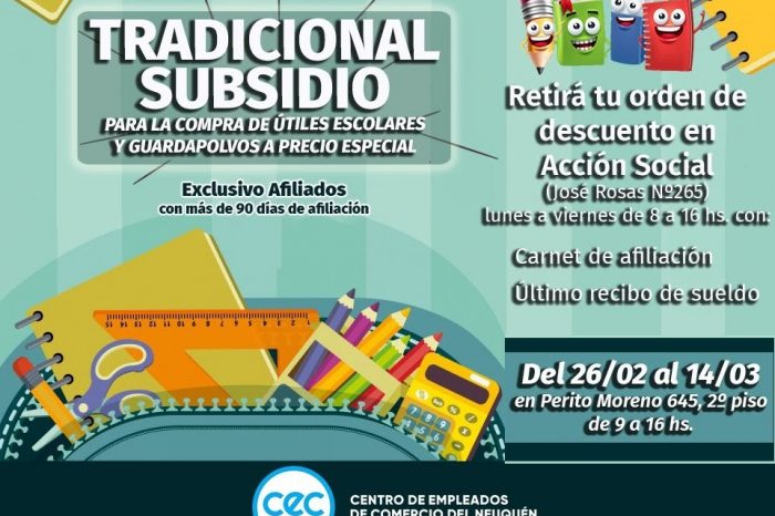 Subsidio de útiles escolares del Centro de Empleados de Comercio de Neuquén
