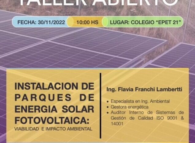 Invitan a participar de un taller sobre “Instalación de Parques de Energía Solar Fotovoltaica”