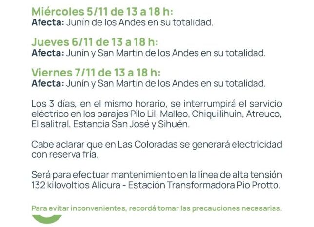 Cortes de suministro eléctrico en San Martín y Junín de los Andes: Hoy, mañana y el viernes