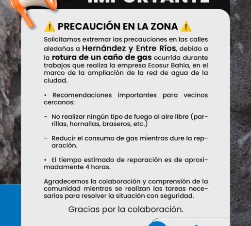 Alerta en Junín de los Andes por rotura de caño de gas: piden extremar precauciones