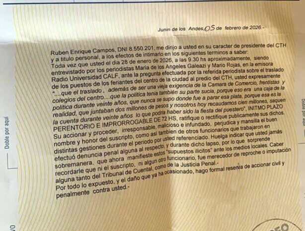 Campos intimó a Bastías por declaraciones radiales sobre el manejo de fondos de los pilcheros en el centro de la ciudad
