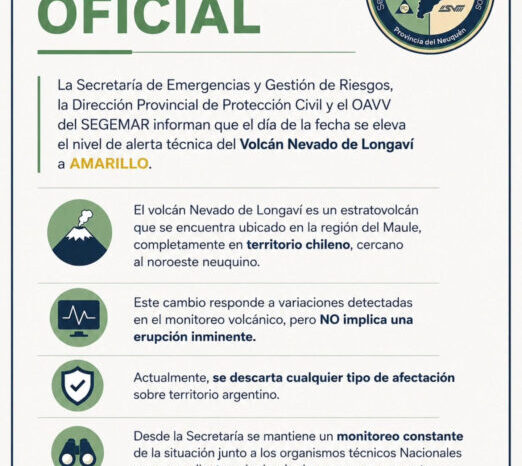 Elevaron a alerta amarilla el nivel técnico del Volcán Nevado de Longaví: descartan riesgos para Neuquén