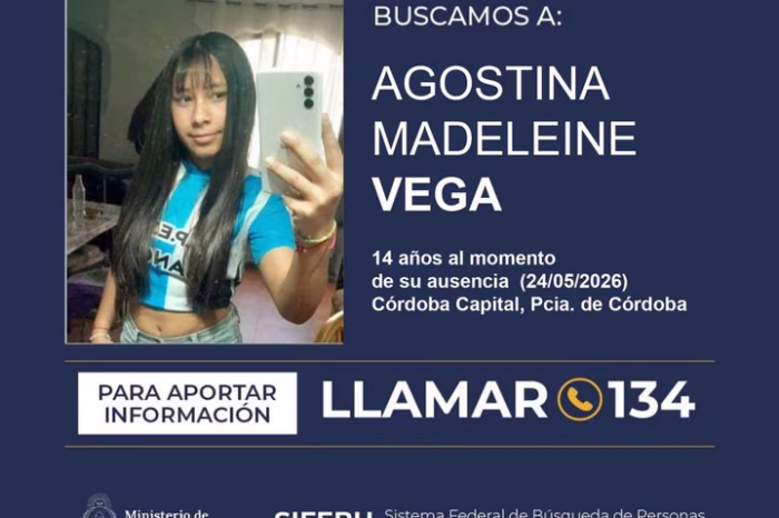 Activan Alerta Sofía para dar con el paradero de Agostina Vega en Córdoba