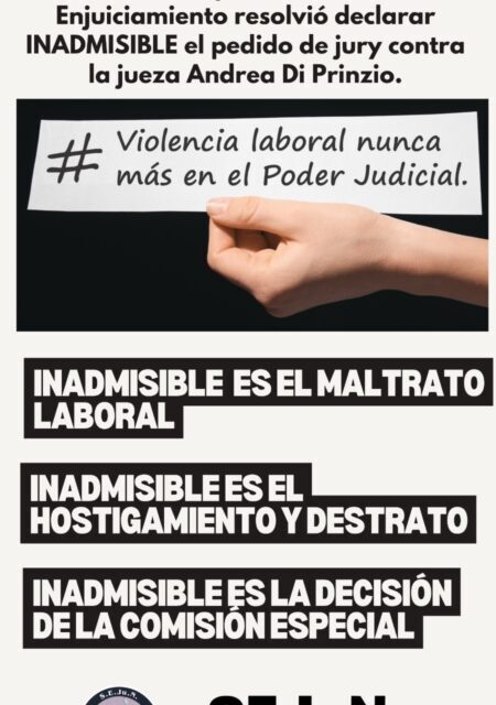 SEJuN denuncia gravedad institucional y repudia el rechazo al jury contra la jueza Di Prinzio