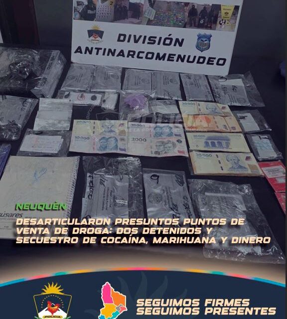 Desarticulan presuntos puntos de venta de droga en Neuquén: dos detenidos y secuestran cocaína, marihuana y más de medio millón de pesos