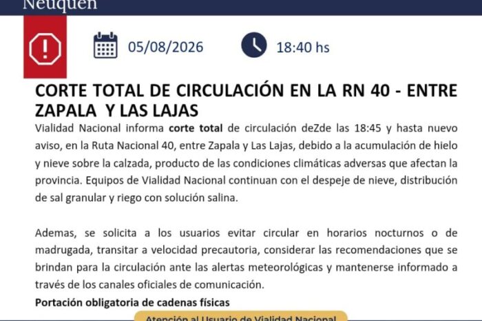 Alerta Vial: corte total en Ruta Nac. 40 entre zapala y las lajas por hielo y nieve, precaución extrema en todas las rutas cordilleranas (Videos)
