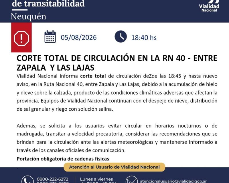 Alerta Vial: corte total en Ruta Nac. 40 entre zapala y las lajas por hielo y nieve, precaución extrema en todas las rutas cordilleranas (Videos)