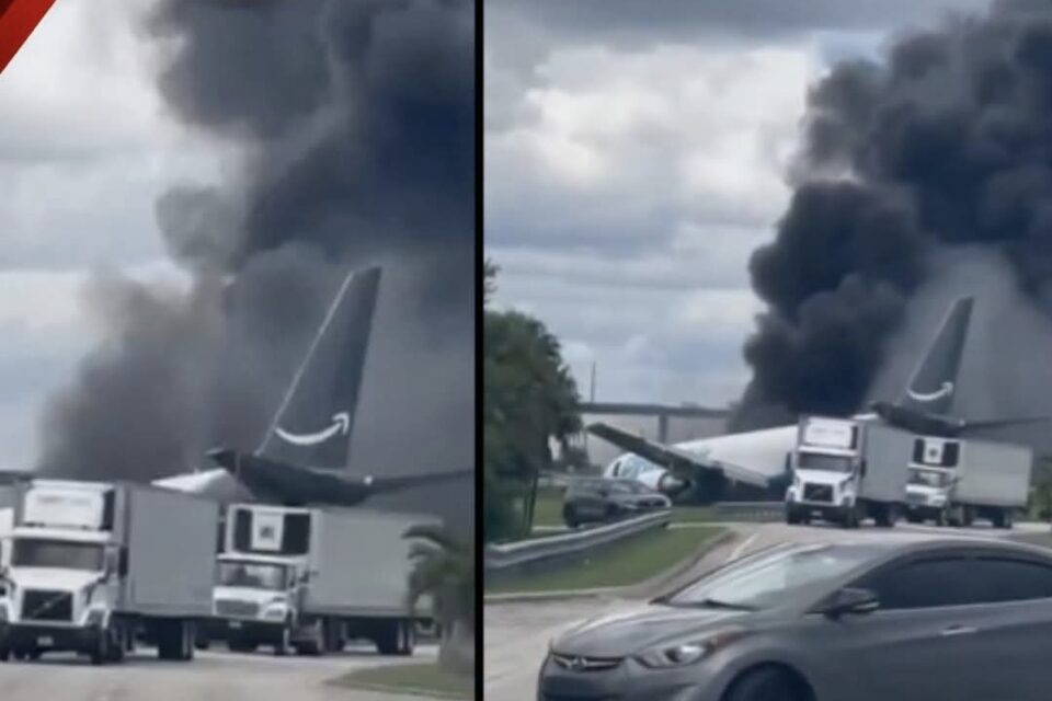 Un avión de carga Boeing 767 se salió de la pista en Miami, atravesó una vía y terminó incendiado